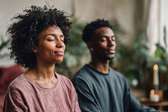 Man and woman meditating calmly in cozy indoor space