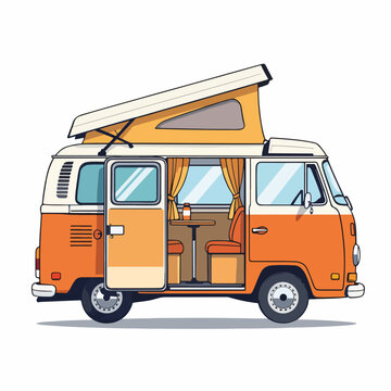 A retro camper van with an open door and pop-top roof. Flat design graphic of a classic motorhome. Road trip and vacation concept