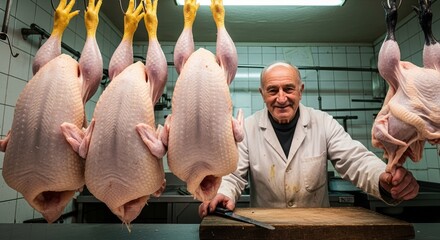 Smiling butcher standing among raw poultry carcasses hanging in a professional shop.