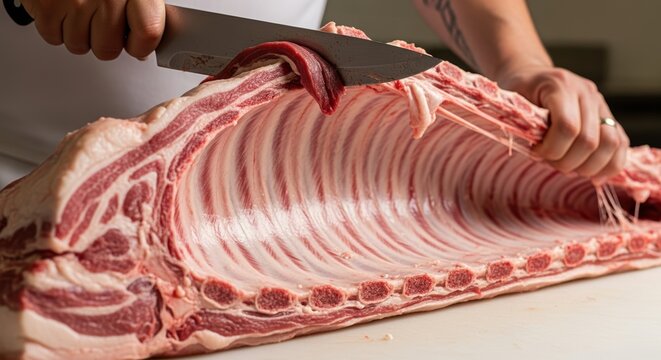Close-up of a butcher expertly trimming a large raw rib rack with a sharp knife.