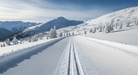 Freshly groomed cross-country ski trail in a snowy mountain landscape. Winter alpine scenery with prepared tracks for nordic skiing on a sunny day