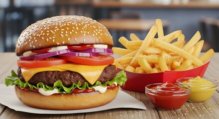 A classic lunch featuring a juicy hamburger served with crispy French fries, representing a satisfying and delicious fast food meal