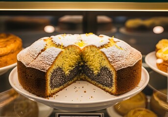 A whole lemon poppy seed cake beautifully displayed for sale, showcasing a bakery’s fresh, homemade dessert offerings