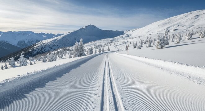 Freshly groomed cross-country ski trail in a snowy mountain landscape. Winter alpine scenery with prepared tracks for nordic skiing on a sunny day