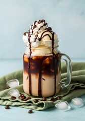 A glass mason jar filled with iced coffee, whipped cream, ice cream, and chocolate sauce, styled with coffee beans and ice cubes on a green napkin over a light blue textured background.