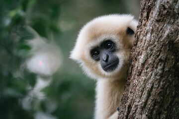 Obraz premium Baby gibbon peeking from tree in green jungle background
