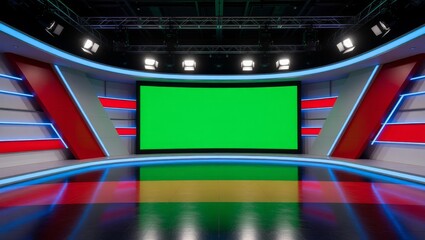 Modern TV studio with green screen and curved stage