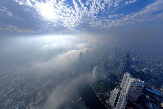 View of a city skyline shrouded in fog and clouds during the day from a high vantage point