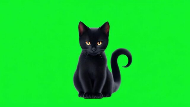 Cute black cat sitting gracefully and curiously against a vibrant green background, perfect for creative projects, designs, and animal-themed content.