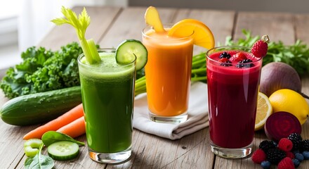 Glasses filled with fresh organic vegetable and fruit juices, promoting a healthy detox diet and vibrant, colorful wellness lifestyle