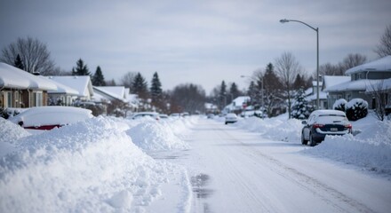 A suburban street covered in deep snow after a winter storm. Residential neighborhood with snowbanks and parked cars on a cold day