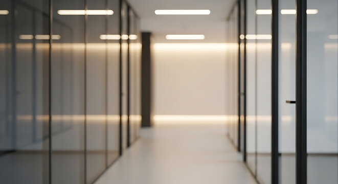 Blurred view of a modern office hallway with glass doors and warm lighting creating a sense of depth and contemporary design for corporate interiors and architectural spaces