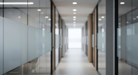 Naklejka premium Modern office hallway with glass walls and doors creating a bright and professional atmosphere for business and corporate environments showcasing transparency and collaboration