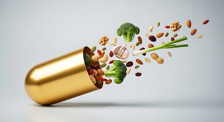 Healthy eating concept: golden capsule with fresh vegetables and nuts