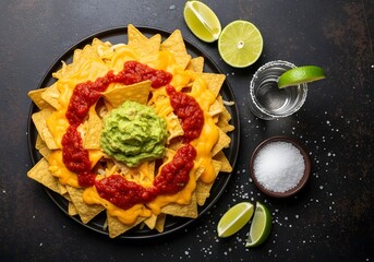 Top view of Mexican nachos served with tequila, lime wedges, salt, guacamole, cheese sauce, and salsa on a rustic stone table