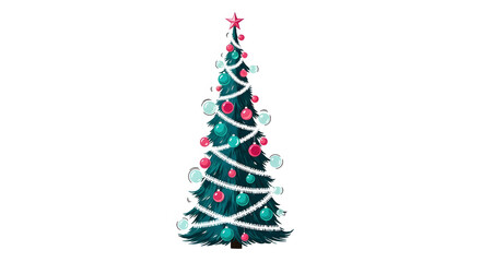 Retro 1950s style vector illustration of a tall, skinny Christmas tree decorated with bubble lights. Vibrant teal and pink color palette