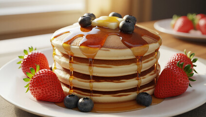 A stack of homemade pancakes with melting butter, dripping maple syrup, and fresh berries. Delicious breakfast or brunch food concept