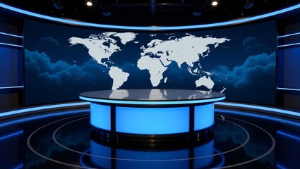 Modern news studio with world map backdrop