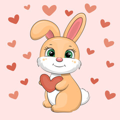 Cute cartoon Rabbit with hearts. Vector illustration of animal on pink background with red hearts.