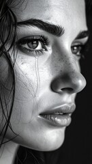 Obraz premium Expressive Black and White Portrait of a Woman with Tears Showing Emotion and Sensitivity Side Profile.