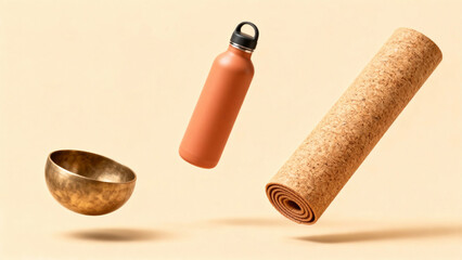 Minimalist 3D rendering of floating mindfulness and yoga items: cork mat, terracotta bottle, and singing bowl on a beige background. Focus on relaxation and earth tones.