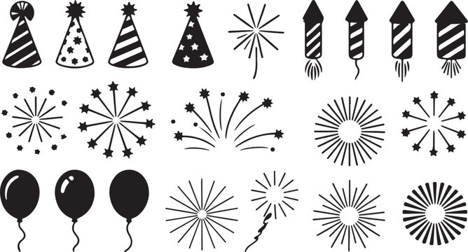 Party elements include hats, balloons, firecrackers, and firework bursts on a white background - Powered by Adobe