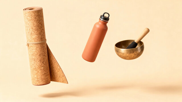 Minimalist 3D rendering of floating mindfulness and yoga items: cork mat, terracotta bottle, and singing bowl on a beige background. Focus on relaxation and earth tones.