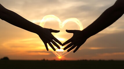 Two silhouetted hands forming a heart shape against a vibrant sunset backdrop.