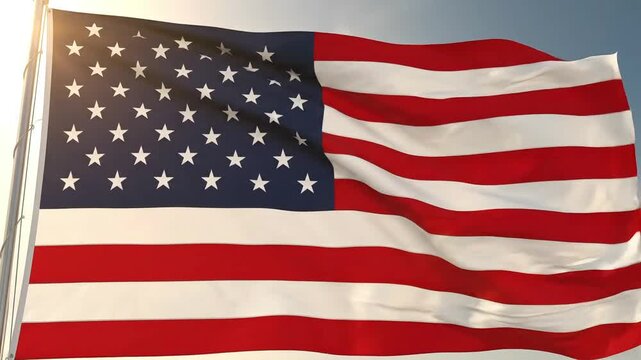 Waving American flag glows in the bright sunlight, a patriotic national symbol of freedom, democracy, and honoring military veterans on a holiday