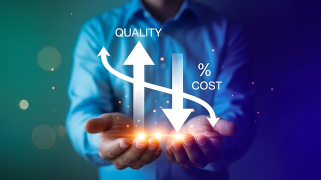 Man presenting a graph showing quality increase and cost reduction visually.