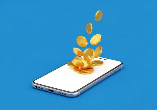 Gold coins falling from a smartphone screen, symbolizing online transactions and mobile banking