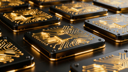 Golden Glowing Dense Circuit Board Device