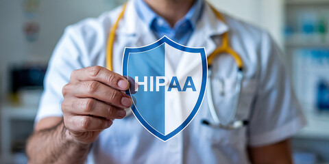 Doctor Holding Shield with HIPA Text and Blue and White Design medical healthcare Premium Business Concept Illustration – Modern Corporate, Finance & Strategy Design