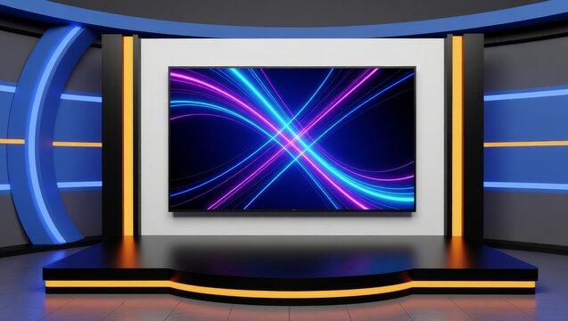 Modern broadcast studio with colorful light display screen - Powered by Adobe