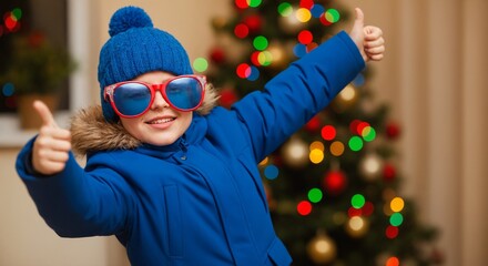 Child in blue winter coat with red glasses near Christmas tree lights