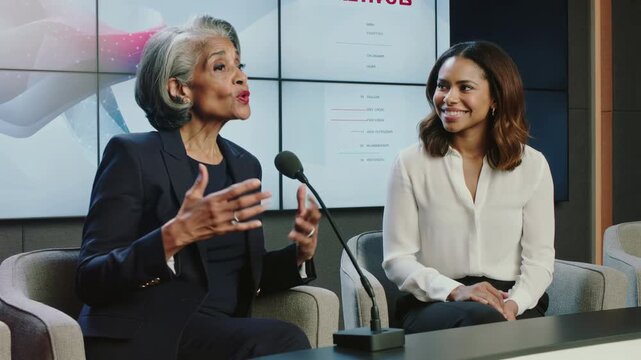 Two businesswomen speaking at a press conference panel in modern office, senior leader answering questions with microphone while colleague listens and smiles during corporate announcement