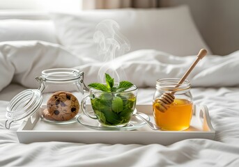 A soothing cup of mint tea with honey and a cookie, served on a white tray in bed for cozy relaxation