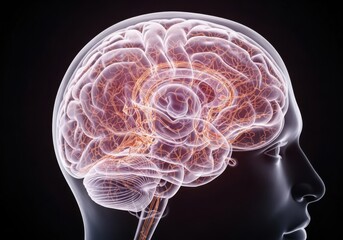 A detailed 3d illustration of the human brain, highlighting its intricate network of neurons and pathways, presented in profile view against a dark background