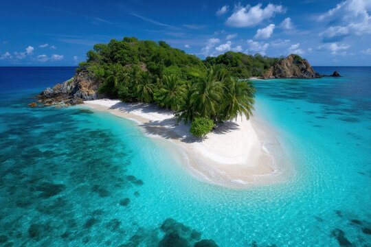 Tropical island with clear blue water and lush greenery under a bright sky - Powered by Adobe