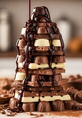 A decadent tower of chocolates drizzled with syrup, creating a rich, indulgent dessert perfect for chocolate lovers