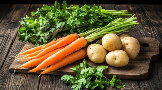 lovage. Fresh lovage herb arranged with carrots and potatoes on a wooden cutting board. menu design, packaging mockups, designed for food delivery and cloud-kitchen brand materials.
