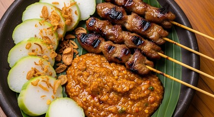 Pork satay served with spicy Padang sauce, accompanied by lontong rice cakes and garnished with crispy fried shallots