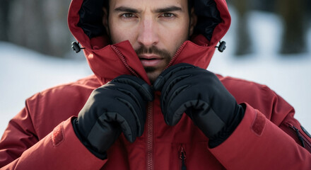 A man zipping up a red hooded jacket in the winter snow. Close-up portrait of a person preparing for cold weather outdoors