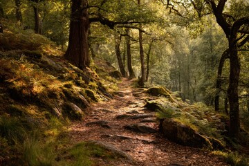 Obraz premium Tranquil forest trail with dirt path, mossy edges and golden afternoon light