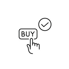 Buy button, finger and checkmark. Online purchase confirmed. Secure shopping. Pixel perfect, editable stroke vector icon