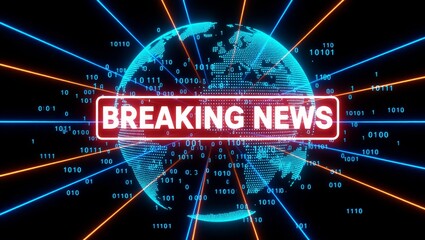 Digital globe with breaking news and binary code