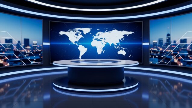 Modern news studio with world map and cityscape screens