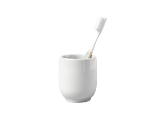 White Toothbrush in Ceramic Cup on Transparent Background