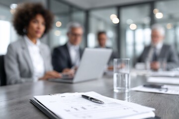 Business team in meeting with documents in focus