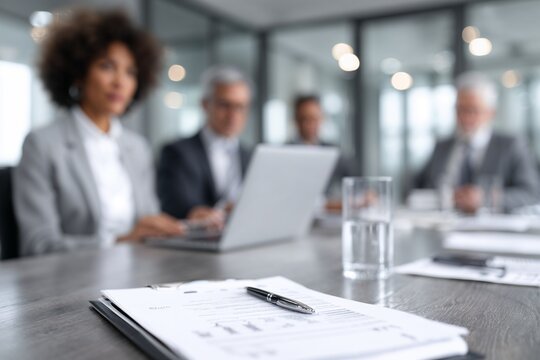 Business team in meeting with documents in focus